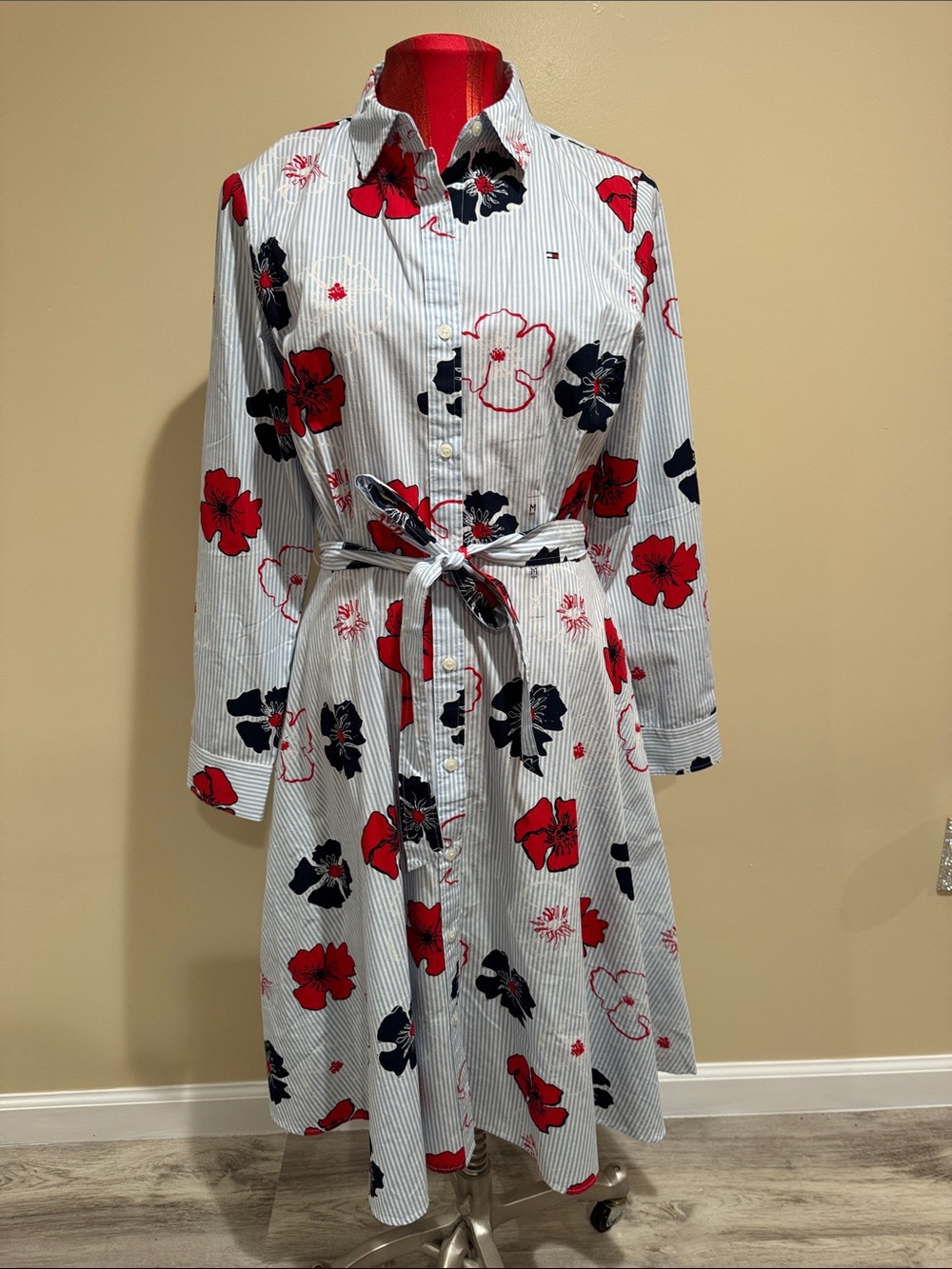Striped Shirt Dress with Red & Navy Floral Print